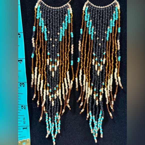 “NEW”Beaded Fringe Hoop Earrings - Black & Turquoise - Picture 5 of 6